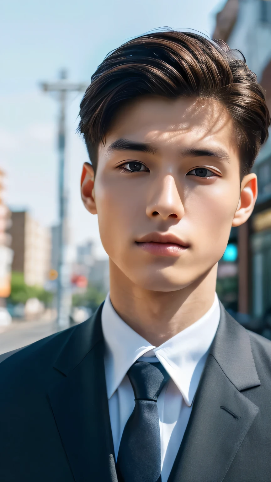 Highest quality, masterpiece, Ultra-high resolution, (Realistic: 1.4), Original photo, wallpaper, Head Photo, skin, Simple Background, Iris, detailed, Selfie, 1 boy, 18-year-old, good looking, Wind,suit、bustling street