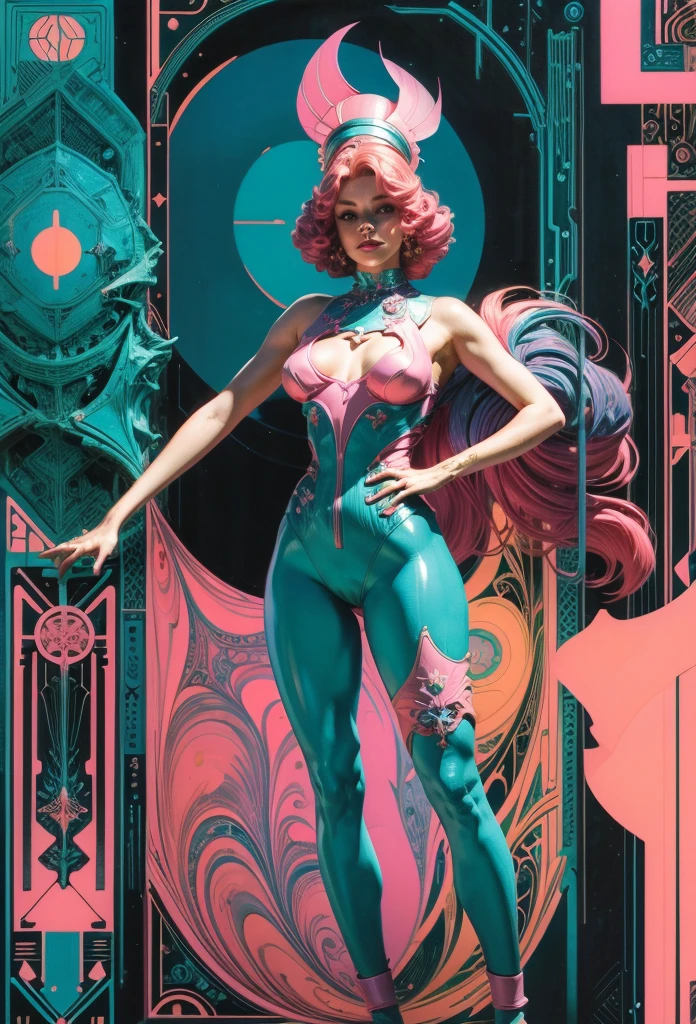 pastel teal pink yellow full body lady miss kier in a bodysuit in front of a jugendstil psychedelic mural by Andy Rementer, detailed, sacred complex background, modern contemporary surreal, open highly enigmatic, rich deep color, dynamic dramatic cinematic light, beautiful grand delicate, sharp focus, extremely aesthetic, glowing, magical, sublime, singular, coherent, pretty, very creative, amazing, epic composition