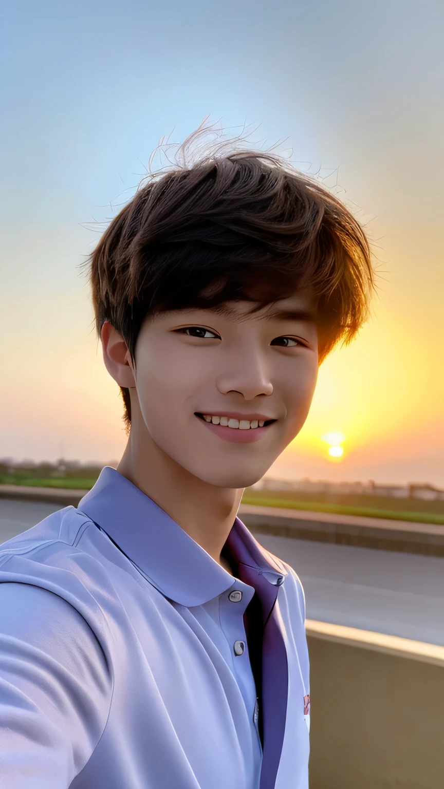 Highest quality, masterpiece, Ultra-high resolution, (Realistic: 1.4), Original photo, wallpaper, Head Photo, skin, Simple Background, Iris, detailed, Selfie, 1 boy, 18-year-old, good looking, Wind,Sunset、smile
