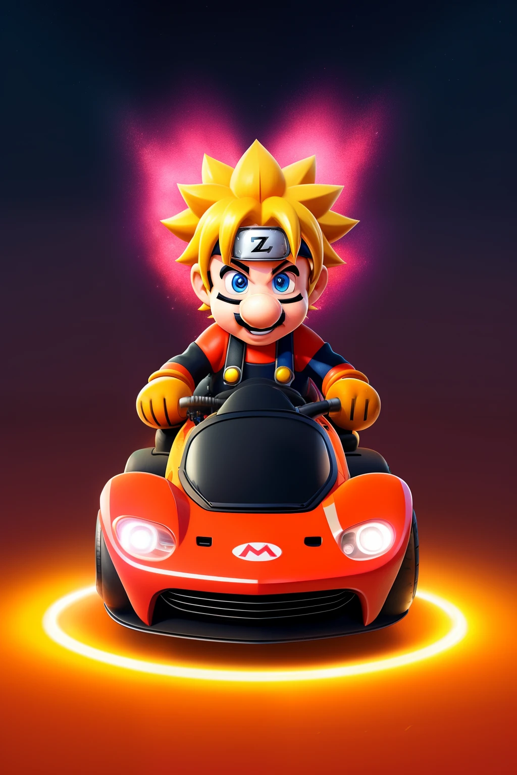 Mario Kart scene featuring Naruto, presented in an immersive 4K resolution with exceptional detail and clarity. Naruto, dressed in his iconic orange jumpsuit and mask, is in the driver's seat of a customized Mario Kart, complete with vibrant and intricate designs inspired by his ninja world. The kart's tires leave a trail of bright, colorful sparks as it races around the neon-lit track. In the passenger seat, a playful expression adorns Naruto's face, ready for battle. The background is rich with detail, showcasing the bustling Mario Kart world with its signature items and power-ups scattered throughout the landscape. The image