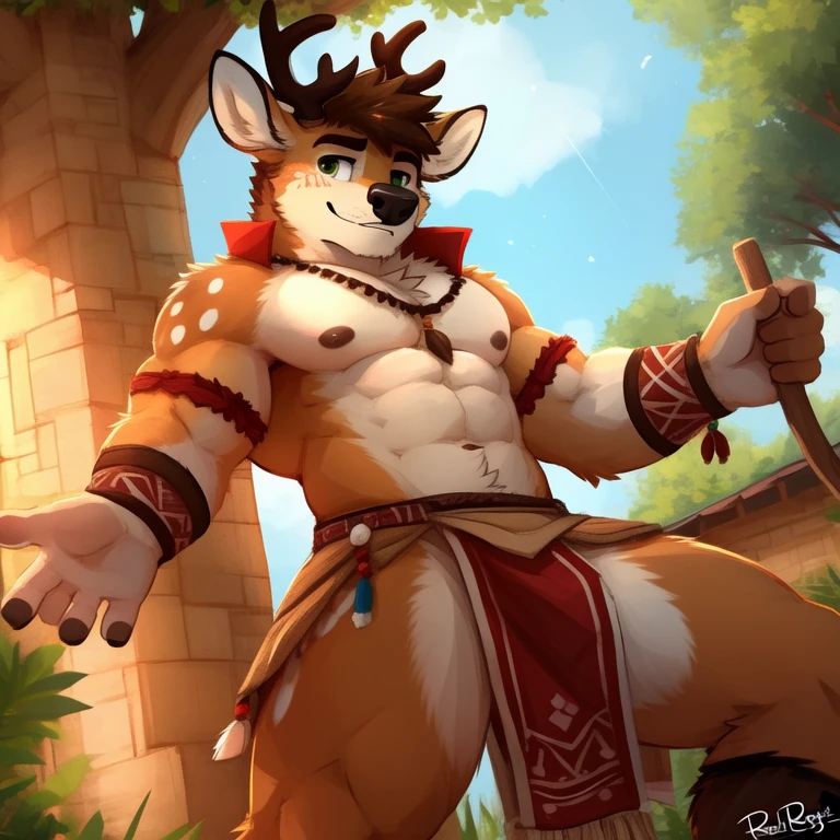 (masterpiece, Best Quality:1.2), Alone, turned around, showing gluteos , gotten up, proud gesture, deer, detailed face, detailed body, 5 fingers, Detailed hands, strong abs, pair of nipples, defined pectorals, green eyes, detailed eyes, short hair same coat color, 2 arms, homosexual, crotch bulge, tribal clothing, loincloth, view from below, por pache riggs