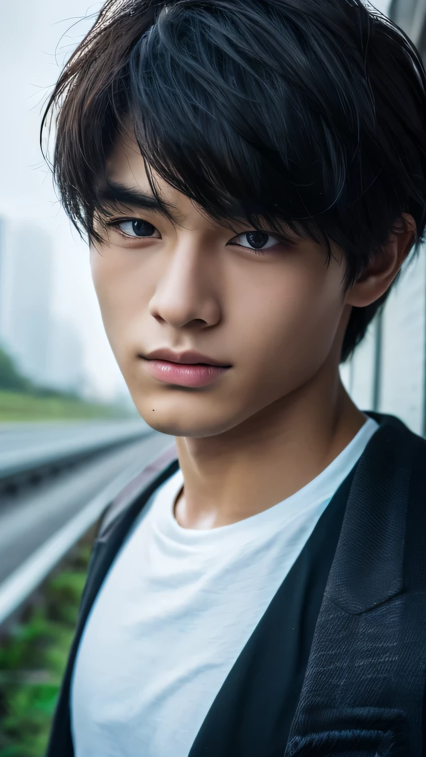Highest quality, masterpiece, Ultra-high resolution, (Realistic: 1.4), Original photo, wallpaper, Head Photo, skin, Simple Background, Iris, detailed, Selfie, 1 boy, 18-year-old, good looking, Wind,night、rain