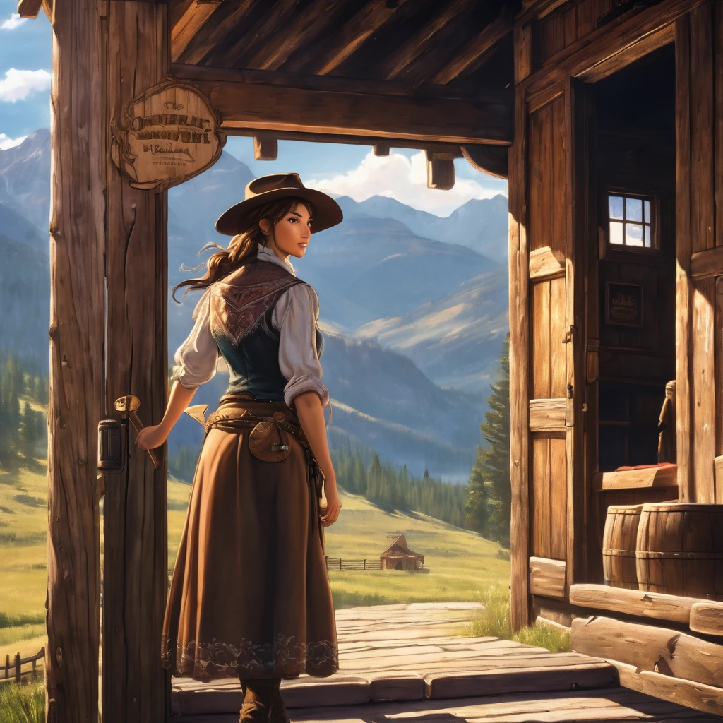 Beautiful cowgirl woman at the doors of a tavern in the wild west, brown hair, light smile, social realism, cinematic lighting, afterimage, first person view, wide angle, masterpiece, anatomically correct, super detail, high quality, capture anime wallpaper, the background is in the mountains of North America