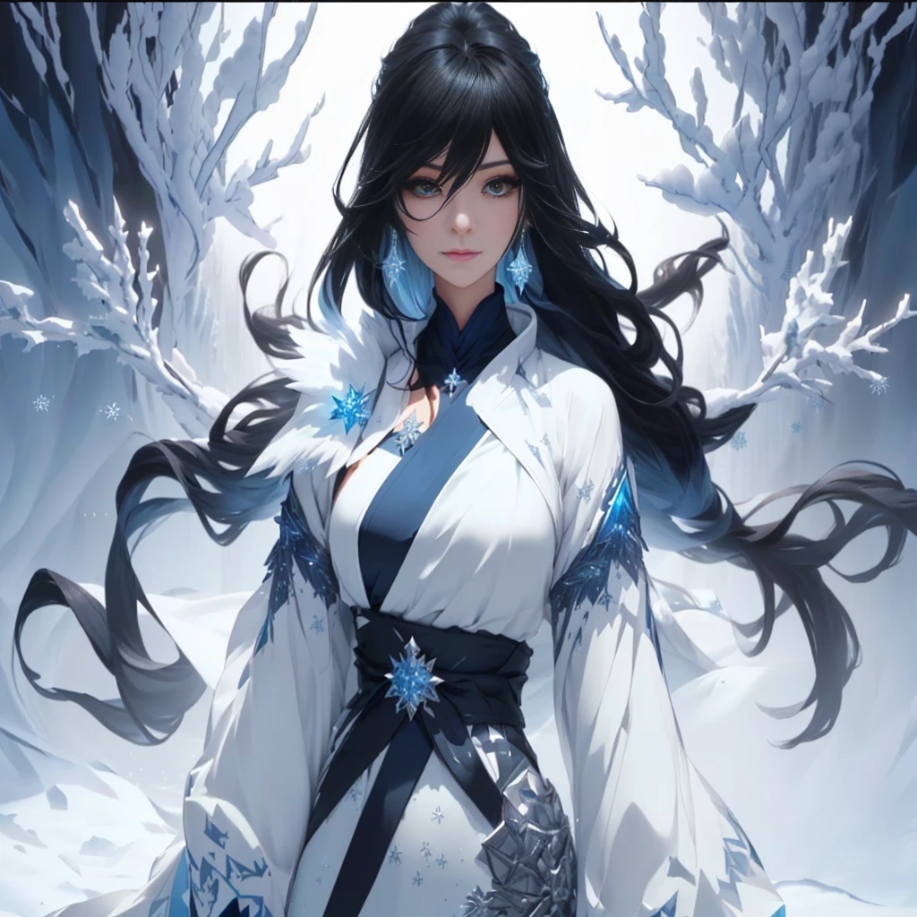 Create a character named Fubuki for an RPG. She is a beautiful and powerful ice sorceress with a tight, athletic body. Fubuki has long, flowing black hair and dark brown eyes that have an intense, captivating gaze. She wears a sleek, white jacket adorned with silver accents over an elegant, ice-blue dress that flows like frost. Her outfit includes a white sports watch and white pants, combining style with practicality. Fubuki's skin is pale, almost translucent, with a faint glow that hints at her magical nature. She has intricate, icy patterns resembling snowflakes and frost as tattoos on her arms and neck. She carries a staff made of enchanted ice, with a glowing blue crystal at its top. Around her, a gentle aura of snowflakes and frost swirls, emphasizing her control over ice and snow. The background shows a wintry landscape with snow-covered trees and a frozen lake, adding to the mystical atmosphere, with snow falling and ice flakes in the air.,Beautiful Assassin, a women of, sword