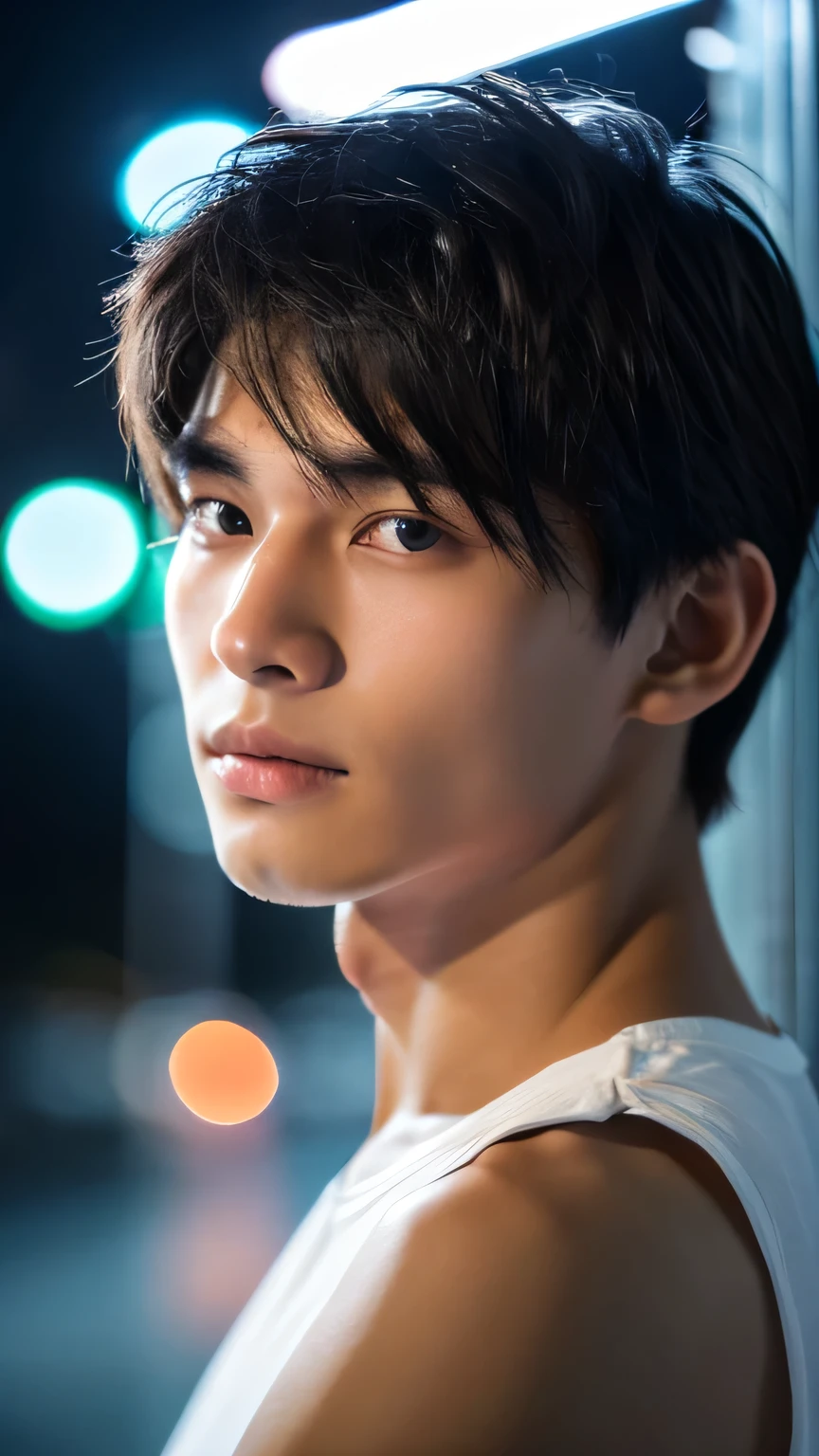Highest quality, masterpiece, Ultra-high resolution, (Realistic: 1.4), Original photo, wallpaper, Head Photo, skin, Simple Background, Iris, detailed, Selfie, 1 boy, 18-year-old, good looking, Wind,night、rain