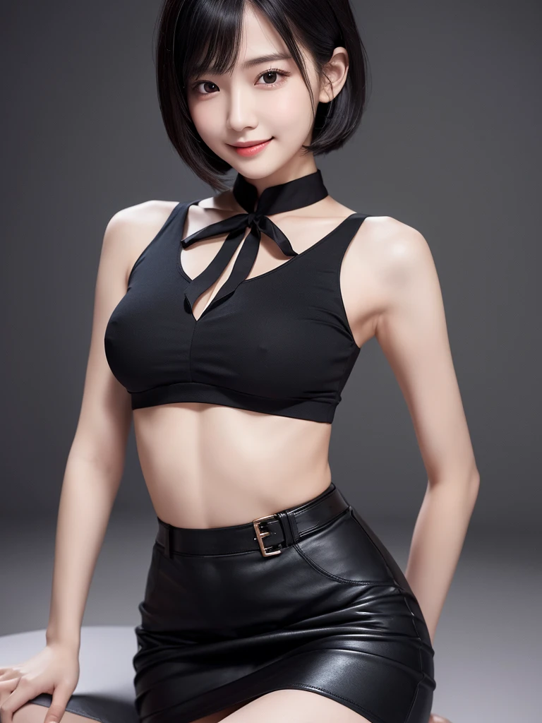 Highest quality、masterpiece、8k、Very detailed、Realistic、One girl、Looking at me with a smile、Black Hair、Short Hair、Small face、Slender、Big Breasts、Thin and beautiful legs、narrow and constricted waist,、A tight shirt with an open neckline、Tight Skirt