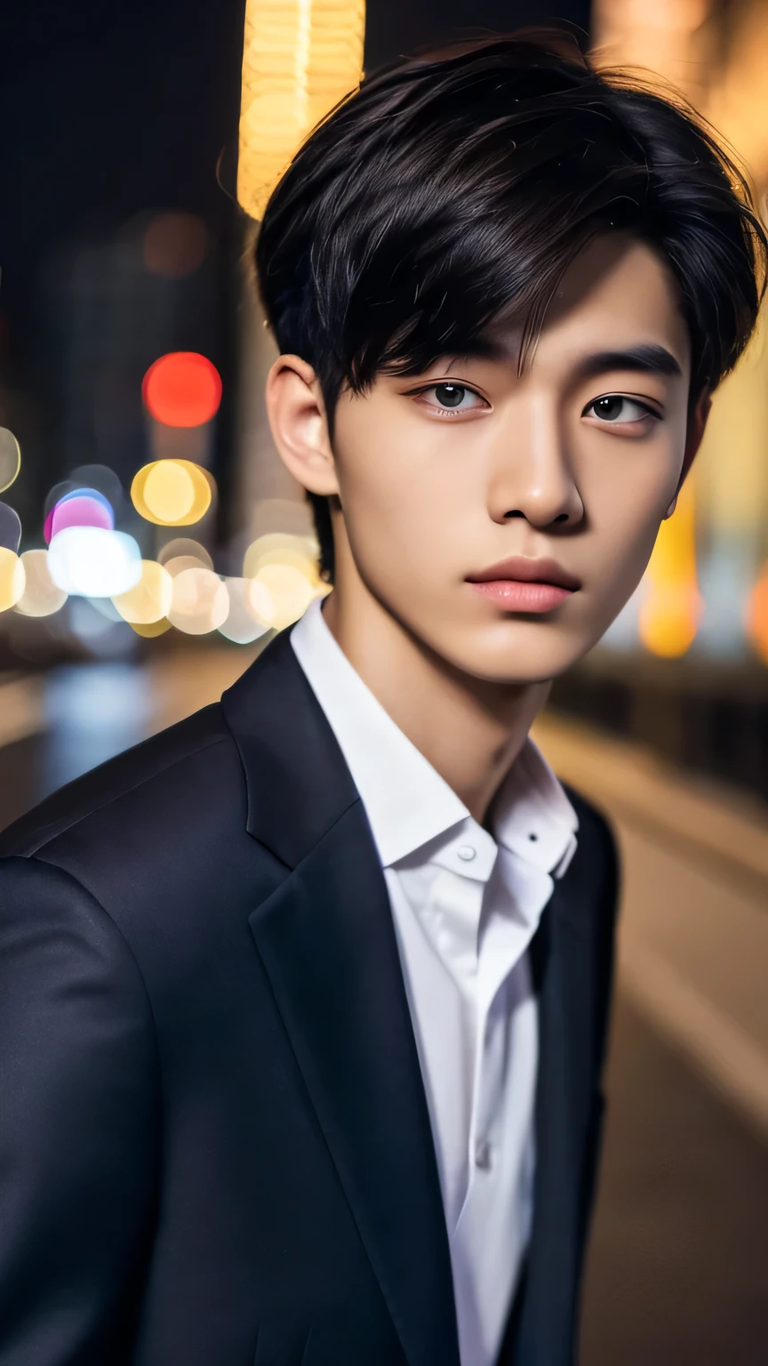 Highest quality, masterpiece, Ultra-high resolution, (Realistic: 1.4), Original photo, wallpaper, Head Photo, skin, Simple Background, Iris, detailed, Selfie, 1 boy, 18-year-old, good looking, Wind,suit、night