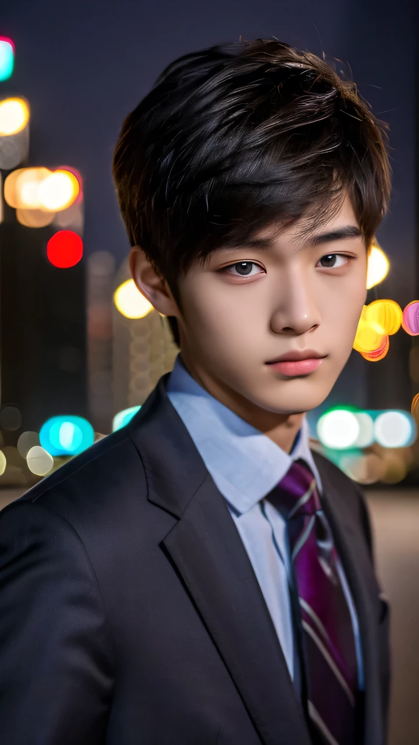 Highest quality, masterpiece, Ultra-high resolution, (Realistic: 1.4), Original photo, wallpaper, Head Photo, skin, Simple Background, Iris, detailed, Selfie, 1 boy, 18-year-old, good looking, Wind,suit、night