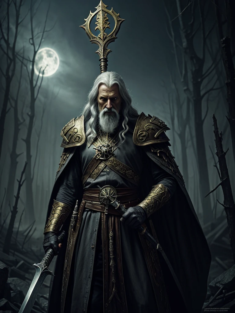 an evil old necromancer that looks like a dry corpse with a golden crown on his head, long gray hair and, he has fearful look, holds long sword, fantasy art, concept art, johan grenier, trending on artstation, national geographic photo, peter mohrbacher, astral, aurora, detailed, ominous, photorealistic, mark brooks, hyperrealistic, seb mckinnon, horror style, mythological