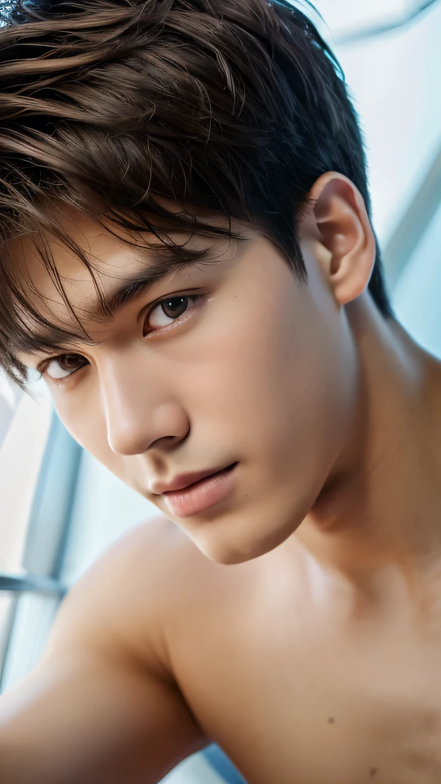 Highest quality, masterpiece, Ultra-high resolution, (Realistic: 1.4), Original photo, wallpaper, Head Photo, skin, Simple Background, Iris, detailed, Selfie, 1 boy, 18-year-old, good looking, Wind,bed