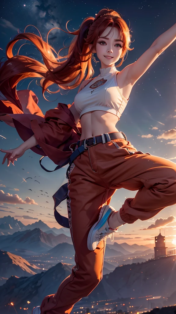 1girl,solo,looking at viewer,smile,jumping,outstretched arms,outstretched legs,star background,
cgki,kihb,orange hair,ponytail,brown eyes,pants,sneakers