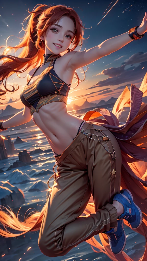 1girl,solo,looking at viewer,smile,jumping,outstretched arms,outstretched legs,star background,
cgki,kihb,orange hair,ponytail,brown eyes,pants,sneakers
