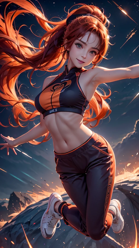 1girl,solo,looking at viewer,smile,jumping,outstretched arms,outstretched legs,star background,
cgki,kihb,orange hair,ponytail,brown eyes,pants,sneakers