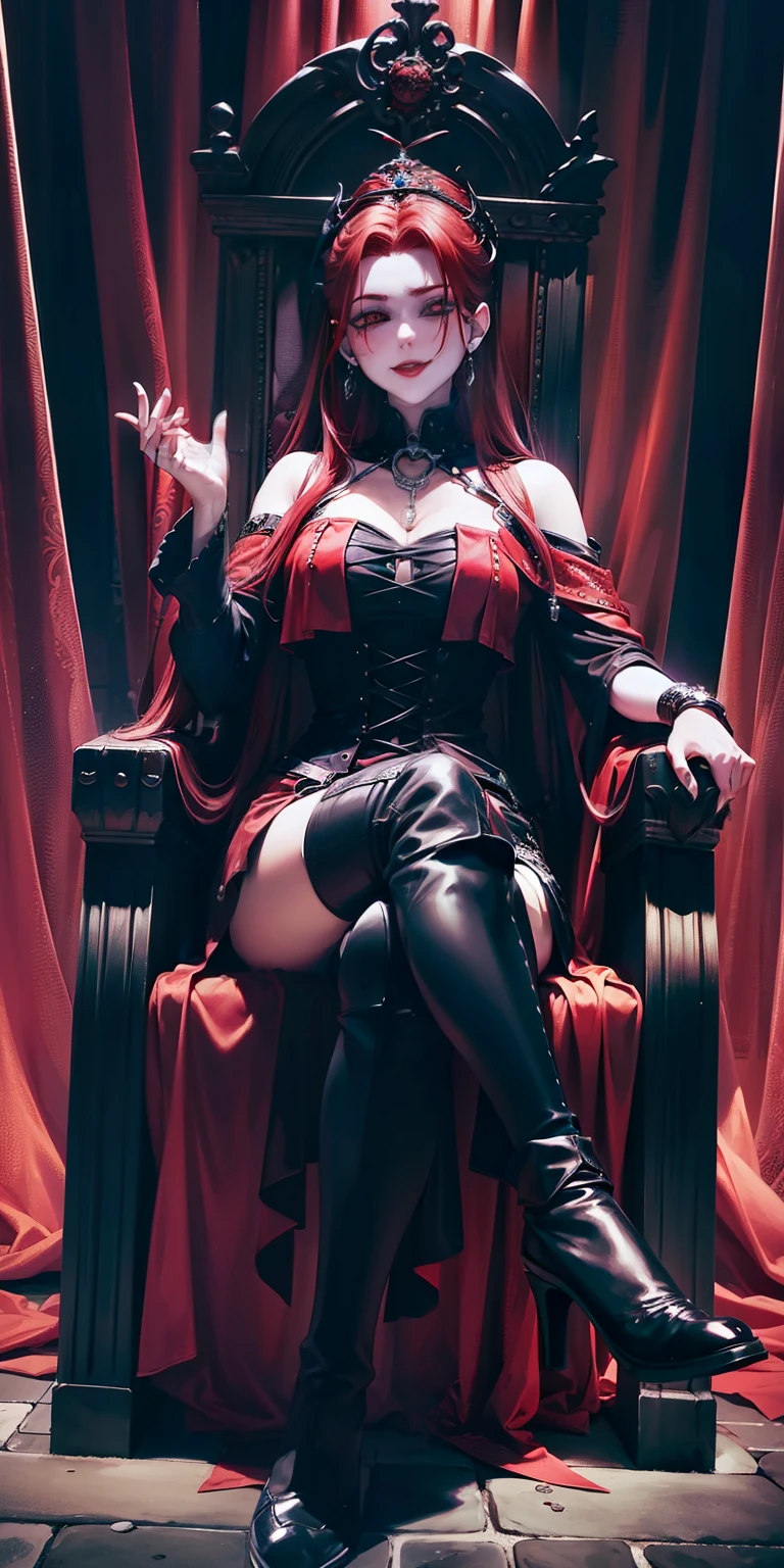 mulher gordinha linda rainha redheadwear, ((age 35 years)), ((red hair)), ((redheadwear)), ((in a black gothic dress)), ((a black crown)), ((sitting on a hellish gothic throne)), ((hellish gothic black throne)), royal gothic, queen of darkness, from front view, best qualityer , a frontal portrait, domineering look, sorriso sexy, in your gothic demon castle