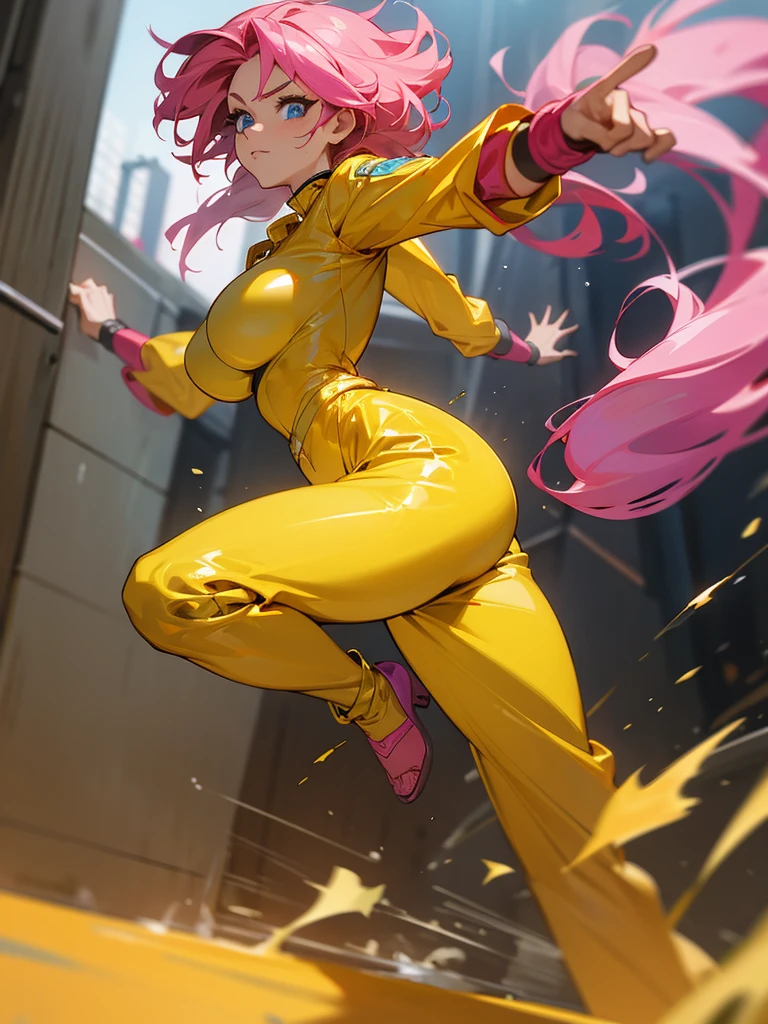 Mulher madura fugindo de um robô, big pink hair, shining blue eyes, wearing a mustard yellow jumpsuit, big breasts, 35 years old, running away, eye on the spectator, look at the camera, posing for a fight intricate, o fundo é um corredor escuro, punhos fechados