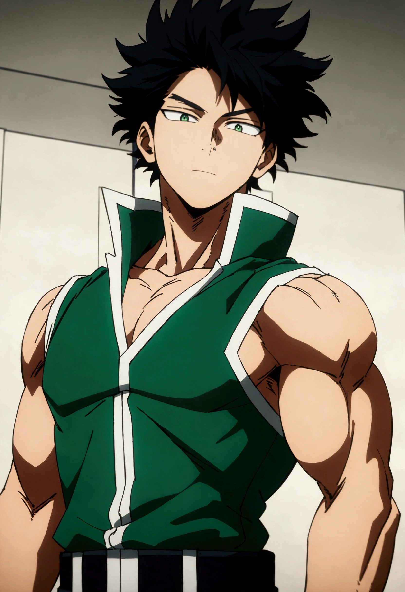 He is a ********************, He has slightly disheveled very black hair..., somewhat light green eyes, , muscular body , anime art slyle my hero academy , sexy face, He is dressed in the anime male uniform "my hero academia",  , 8k, high quality, masterpiece, , cinematic, vivid colors, shining green eyes 