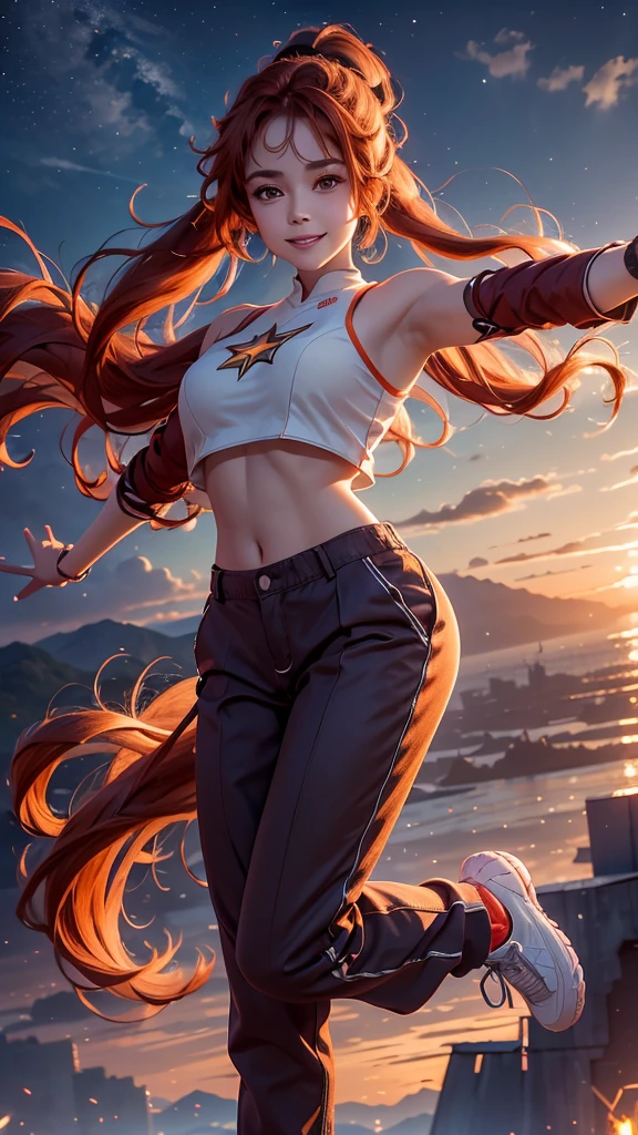 1girl,solo,looking at viewer,smile,jumping,outstretched arms,outstretched legs,star background,
cgki,kihb,orange hair,ponytail,brown eyes,pants,sneakers