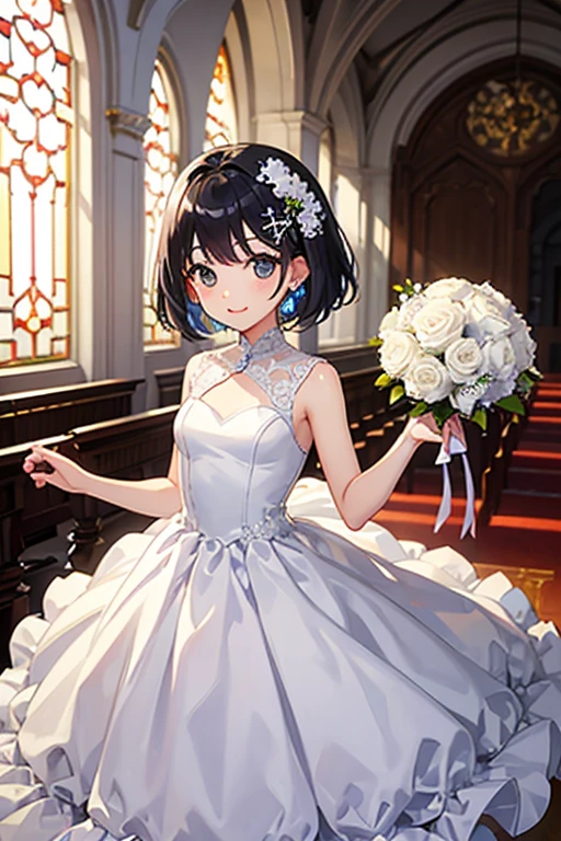 Highest quality、Black Hair、Iris、short hair、girl、cute、、、Small hair ornament、1 person、White wedding dress、Chapel、bouquet、Happy expression、Full of energy、