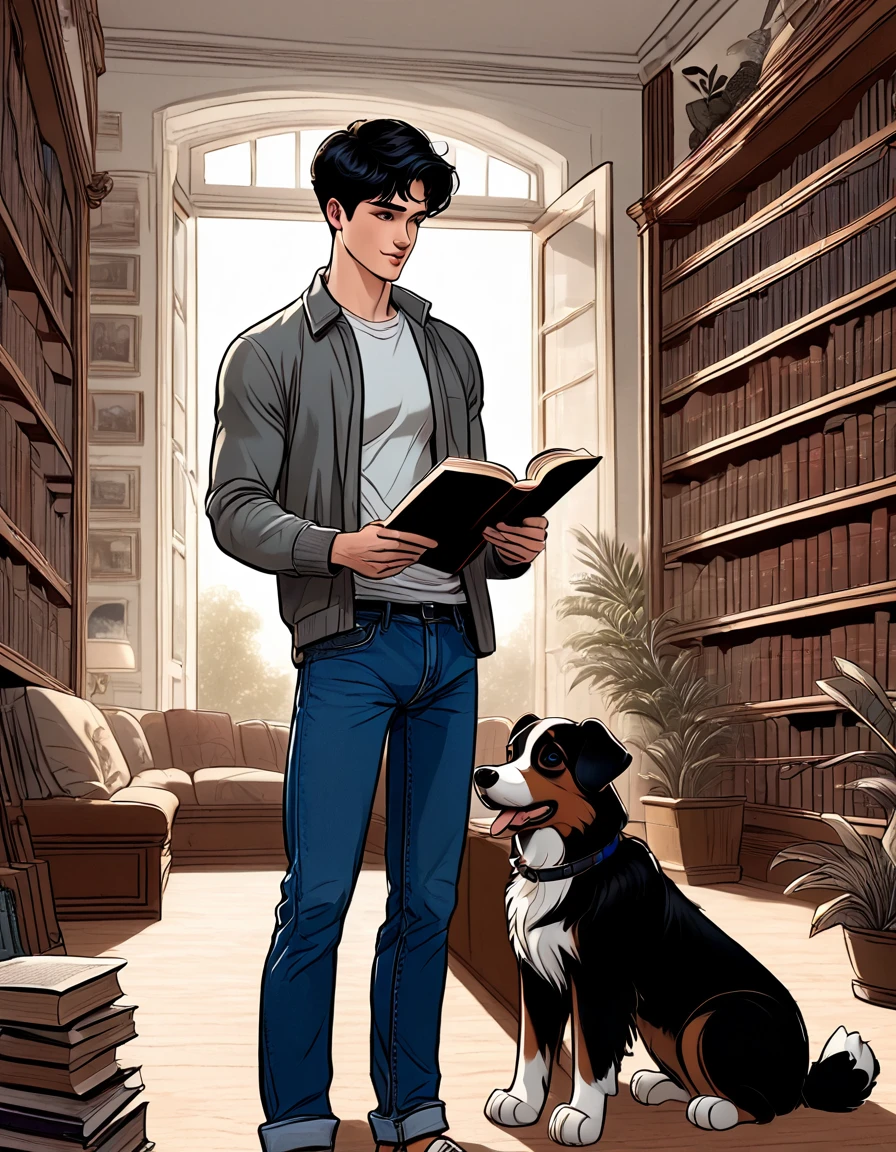 Young man with short wavy black hair, blue eyes, reading a book beside his dog in a library, high-fidelity rendering illustration, romanticism art style, full-body front view, shelves filled with books, pastoral paintings on walls, daylight streaming through windows, muscle tee, blue jeans, flip-flop sandals, natural lighting, soft vibrant color composition, ultra-detailed realistic, confident look, perfect anatomy, intricate scene details, volumetric, cinematic.