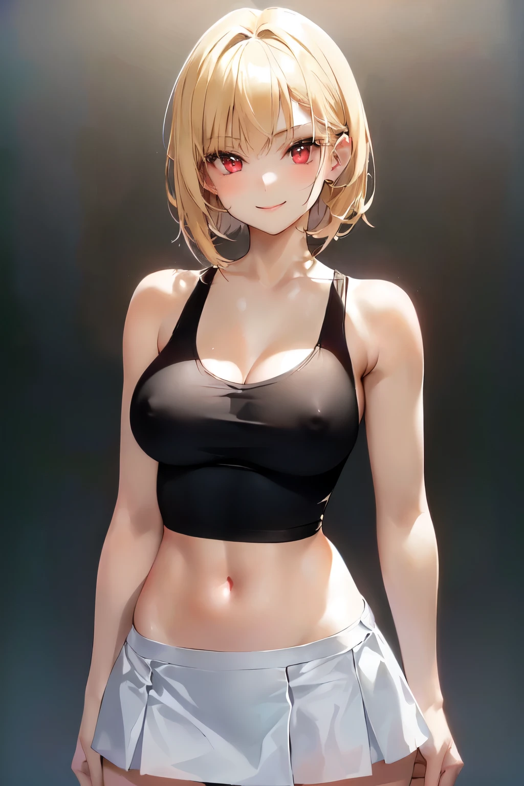 name zoe. 20 year old ager, beautiful angelic face. red eyes. White skin color. Height 1,70, detailed physique, large and firm breasts, highlighted nipples. Short blonde hair. CLOTHES, black tank top. white mini skirt, Body detail, straight and firm posture looking towards the camera. with a tender smile, eyes expression smile,