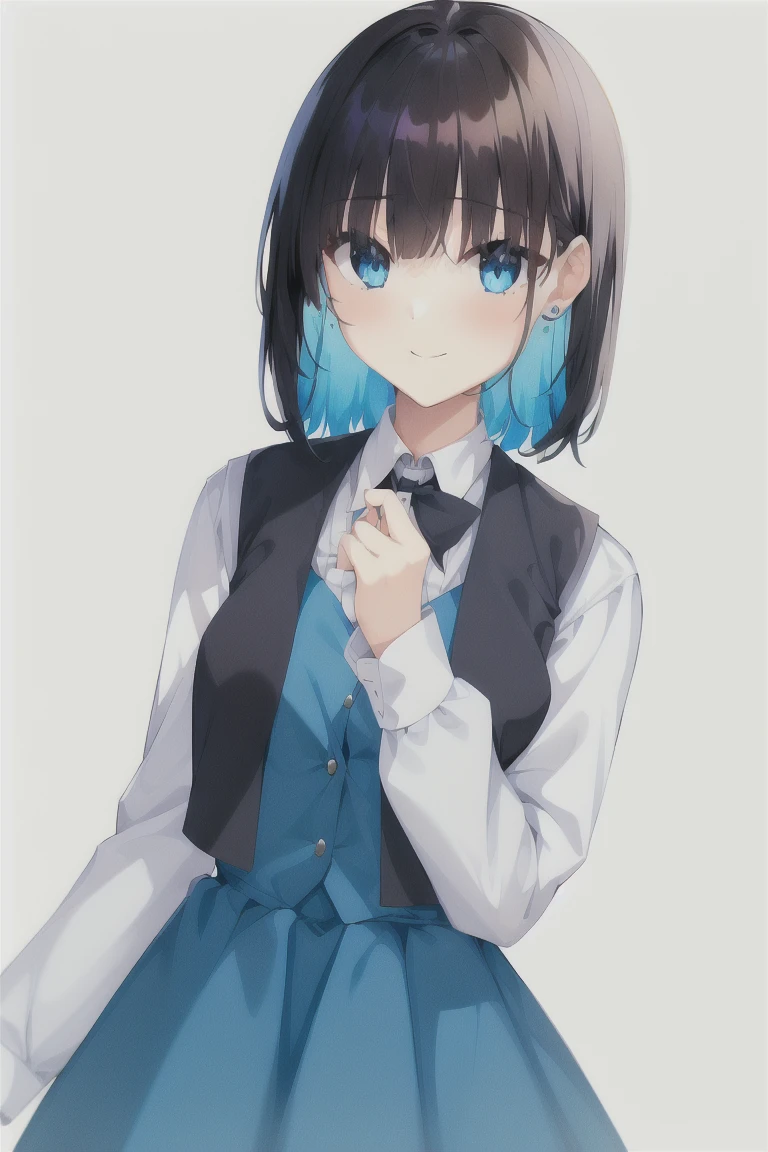 1girl,bangs,blunt_bangs,middle_long_hair,独奏,Blue_eyes,blush,simple_background,white_background,black_hair,necklace,smile,long_sleeves,dress,shirt,Vest,white_shirt,puffy_sleeves,own_hands_together,closed_mouth,(Blue_Vest:1.3), bangs, Blue Vest, (white dress:1.3),expensive_solve, clear_image, expensive_Contrast, 8k, Sparkling, beautiful_detailed_face_and_eye, (Black Hair:1.25), 白 eye,White background,White background