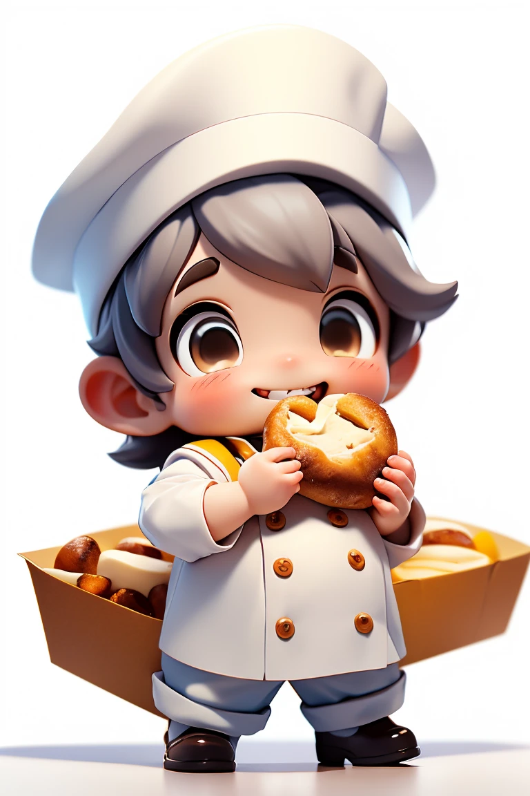 Adorable and cute  , biting into a Minas Gerais cheese bread holding it with both hands . Boy smiling happily, amazed by the taste of cheese bread. Full, flushed cheeks. Pure white image background. ultra quality. Dressed in pastry chef outfit with chef hat. great smile 