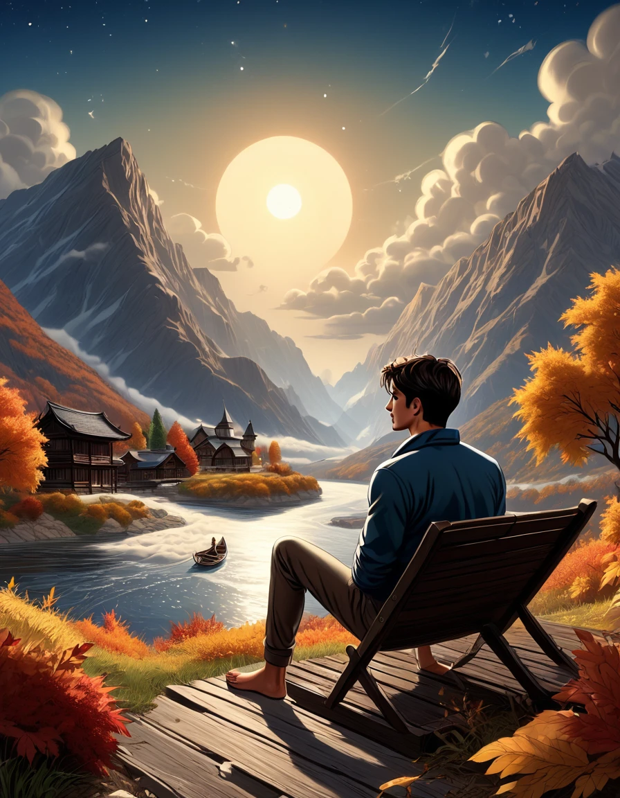 Another colorful autumn ...((full body)), photorealistic, hd, 8k resolution, fullbody, 16k resolution, hd, view from behind, ung man, slentder athletic toned body, cimanon skin, gorgeous, perfect anatomy, is sitting by the river watching the sun rice in the background, river, mountains, sun, clouds He is wearing flip flop sandals, dramatic, pacefull scene, centered, symmetry, painted, intricate, volumetric lighting, beautiful, rich deep colors masterpiece, sharp focus, ultra detailed, in the style of dan mumford and marc simonetti, astrophotography