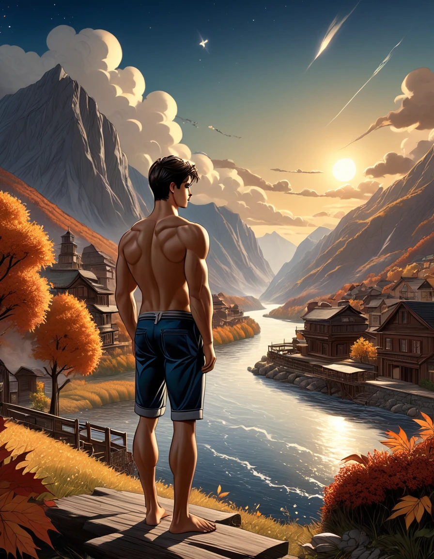 Another colorful autumn ...((full body)), photorealistic, hd, 8k resolution, fullbody, 16k resolution, hd, view from behind, ung man, slentder athletic toned body, cimanon skin, gorgeous, perfect anatomy, is sitting by the river watching the sun rice in the background, river, mountains, sun, clouds He is wearing flip flop sandals, dramatic, pacefull scene, centered, symmetry, painted, intricate, volumetric lighting, beautiful, rich deep colors masterpiece, sharp focus, ultra detailed, in the style of dan mumford and marc simonetti, astrophotography