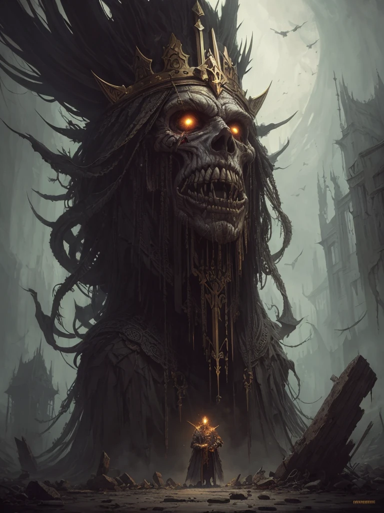 an evil old necromancer that looks like a dry corpse with a golden crown on his head, long gray hair and, he has fearful look, holds long sword, fantasy art, concept art, johan grenier, trending on artstation, national geographic photo, peter mohrbacher, astral, aurora, detailed, ominous, photorealistic, mark brooks, hyperrealistic, seb mckinnon, horror style, mythological