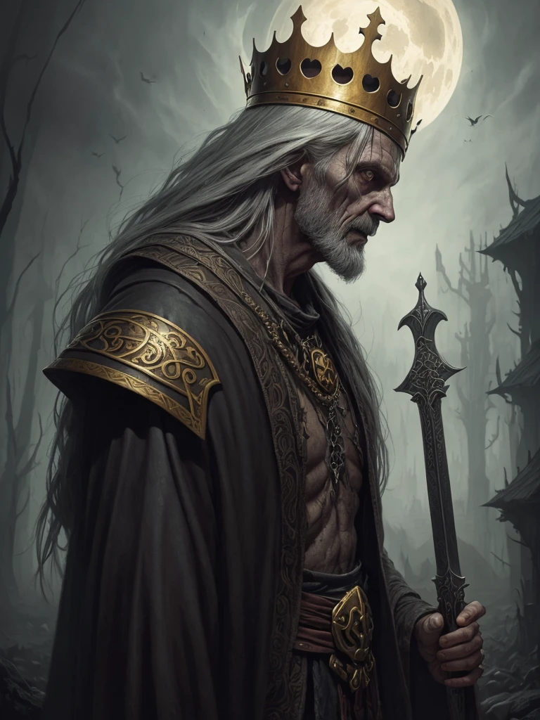 an evil old necromancer that looks like a dry corpse with a golden crown on his head, long gray hair and, he has fearful look, holds long sword, fantasy art, concept art, johan grenier, trending on artstation, national geographic photo, peter mohrbacher, astral, aurora, detailed, ominous, photorealistic, mark brooks, hyperrealistic, seb mckinnon, horror style, mythological