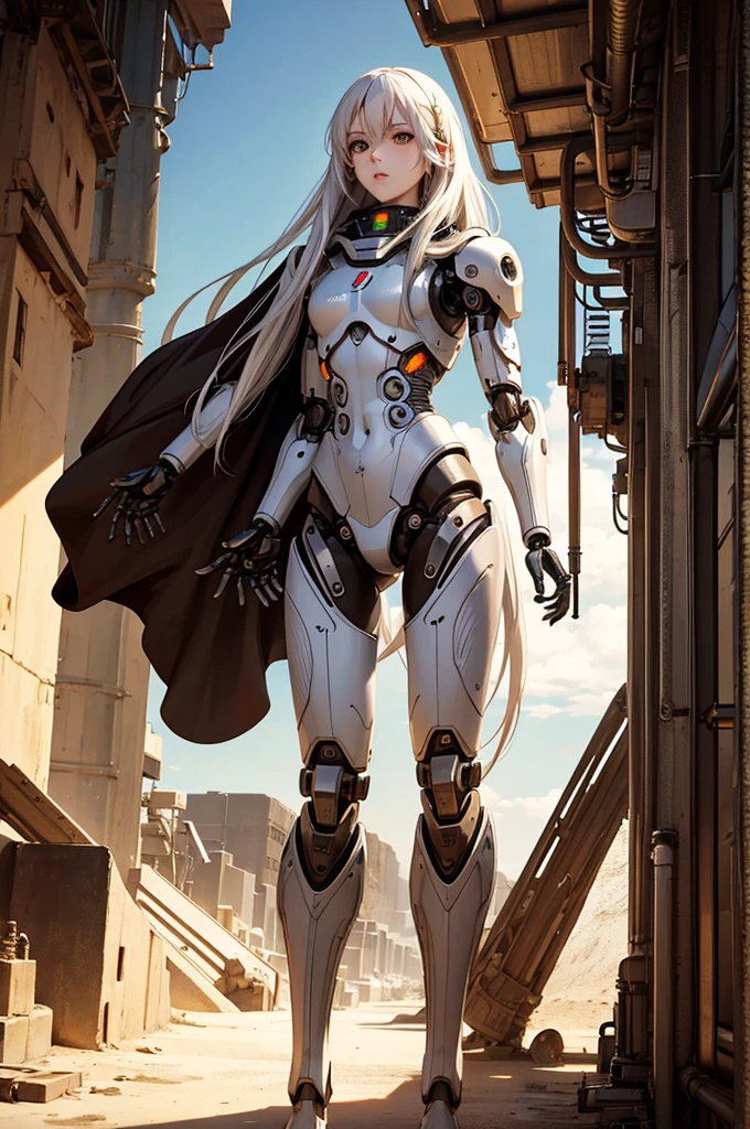 masterpiece, fullbody, anime, android, long white hair, boy, cyborg, slim body, robotic body, fully mechanical parts, (brown cloak), desert