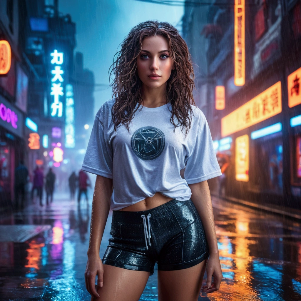 A beautiful woman with wavy hair attractive eyes, all detailed, thick and sexy legs, Wearing tiny T-shirt shorts in the beautiful futuristic cyberpunk city, mistborn, wet, raining, best quality masterpiece, realistic photo, detailed, 8k, HDR, shallow depth of field, wide light, high contrast, backlight, light flares, chromatic aberration, sharp focus, RAW color photo, all very detailed