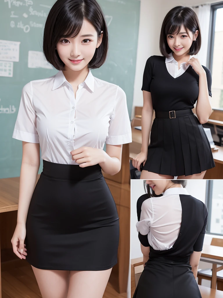 Highest quality、masterpiece、8k、Very detailed、Realistic、One girl、Looking at me with a smile、Black Hair、Short Hair、Small face、Slender、Big Breasts、Thin and beautiful legs、narrow and constricted waist,、A tight-fitting shirt with an O-shaped opening at the chest、Tight Skirt、Dressed like a female teacher