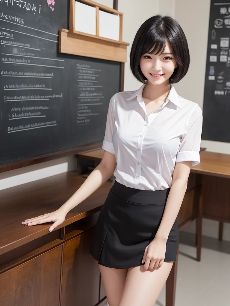 Highest quality、masterpiece、8k、Very detailed、Realistic、One girl、Looking at me with a smile、Black Hair、Short Hair、Small face、Slender、Big Breasts、Thin and beautiful legs、narrow and constricted waist,、A tight-fitting shirt with an O-shaped opening at the chest、Tight Skirt、Dressed like a female teacher