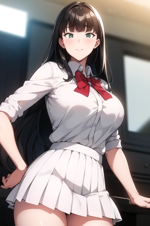 simple_white_bottom,
school_uniform,white collared shirt, pleated skirt, red_bow tie,
by rubio ,green eyes,hits,
1 girl, 20 years,young woman,beautiful Finger,beautiful long legs,beautiful body,beautiful Nose,beautiful character design, Perfect eyes, perfect face,expressive eyes,perfect balance,
looking at the viewer,(Focus on her face),Closed mouth, (innocent_big_eyes:1.0),light_smile,
official art,Extremely detailed CG unity 8k wallpaper, perfect lighting,showy, bright_Forehead_face_lighting,piel bright, 
(masterpiece:1.0),(better_quality:1.0), ultra high resolution,4k,ultra detailed,
Photography, 8k, HdR, High resolution, absurdities:1.2, Kodak photo 400, film grain, bottom borroso, bokeh:1.2, Lens flare, (Vibrant_Color:1.2),Photography profesional, 
(beautiful,big_old:1.4), (beautiful_face:1.5),(narrow_waist),