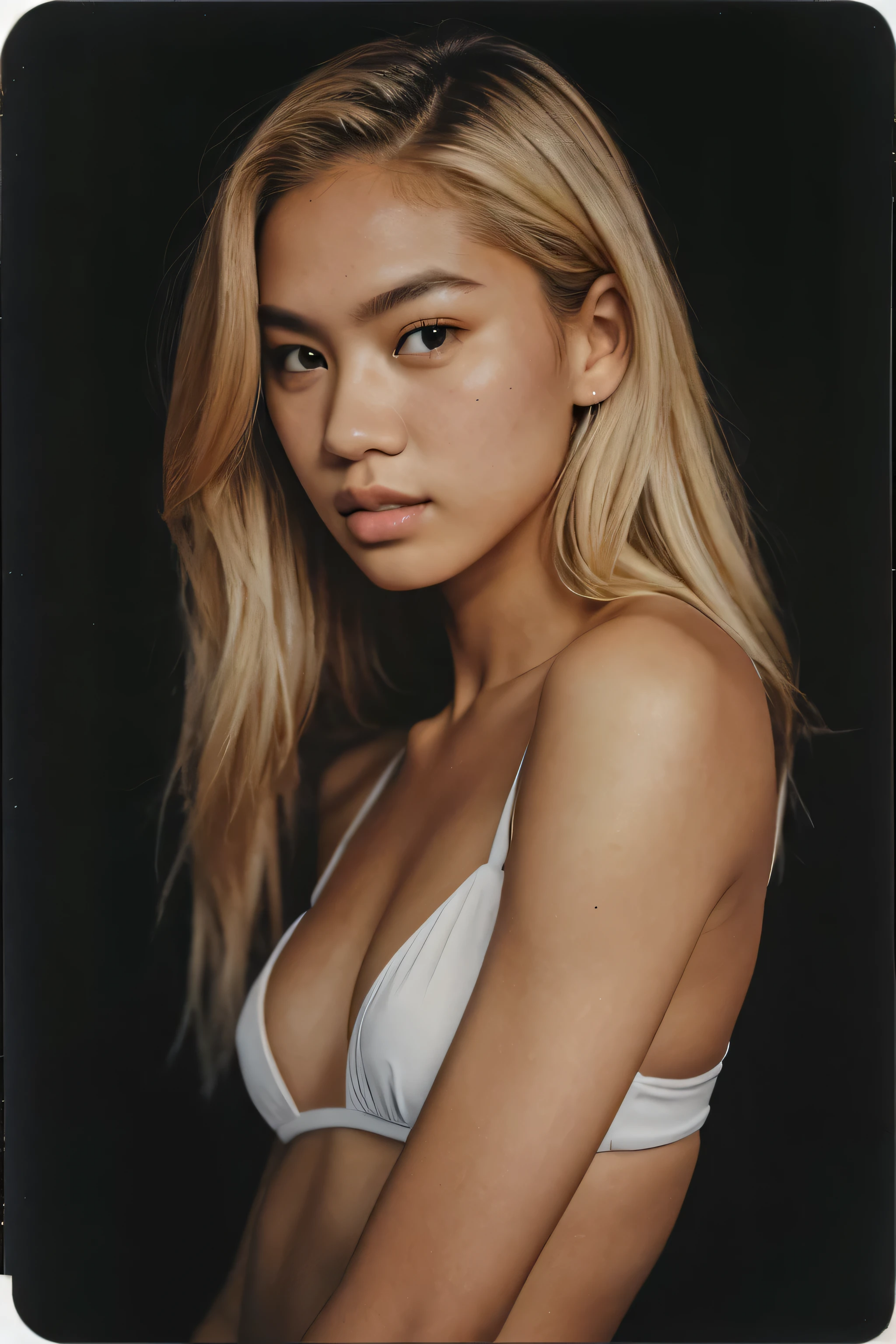 arafed instagram supermodel, biracial features, mid-length blonde hair, pale skin, perfect face, looking hot, olympian swimmer model body, tyla, jennie kim, harsh polaroid flash, vintage quality, in the night, dark background, one girl, vogue