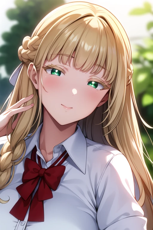 simple white background,
school_uniform,White collared shirt, pleated skirt, red_bow tie,
Hair hair ribbon, 
blonde hair ,green eyes,hits,long_hair,braided bun,braid, 
1 girl, 20 years,young woman,beautiful Finger,beautiful long legs,beautiful body,
beautiful Nose,beautiful character design, Perfect eyes, perfect face,expressive eyes,perfect balance,
looking at the viewer,(Focus on her face),Closed mouth, (innocent_big_eyes:1.0),(light_smile:0.3),
official art,Extremely detailed CG unity 8k wallpaper, perfect lighting,showy, bright_Forehead_face_lighting,White skin,
(masterpiece:1.0),(better_quality:1.0), ultra high resolution,4k,ultra detailed,
Photography, 8k, HdR, High resolution, absurdities:1.2, Kodak photo 400, film grain, blurred background, bokeh:1.2, Lens flare, (Vibrant_Color:1.2),Photography profesional,
(beautiful,big_old:1.4), (beautiful_face:1.5),(narrow_waist),