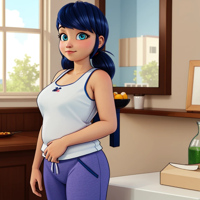 (8k, RAW photo, best quality, masterpiece:1.2), (intricate details), perfect eyes, perfect face, perfect lighting, beautiful, (masterpiece:1.2), (best quality:1.2), 1 fat girl, solo, fat marinette, blue hair, ((long hair down)), adult torso, 17 years old, slight smile, medium sized breasts, (white sleeveless shirt, pink sweatpants), cowboy shot, 3DMM