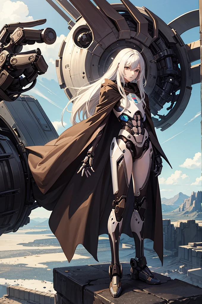 masterpiece, fullbody, anime, black android, long white hair, boy, cyborg, slim body, robotic body, fully mechanical parts, (brown cloak), desert