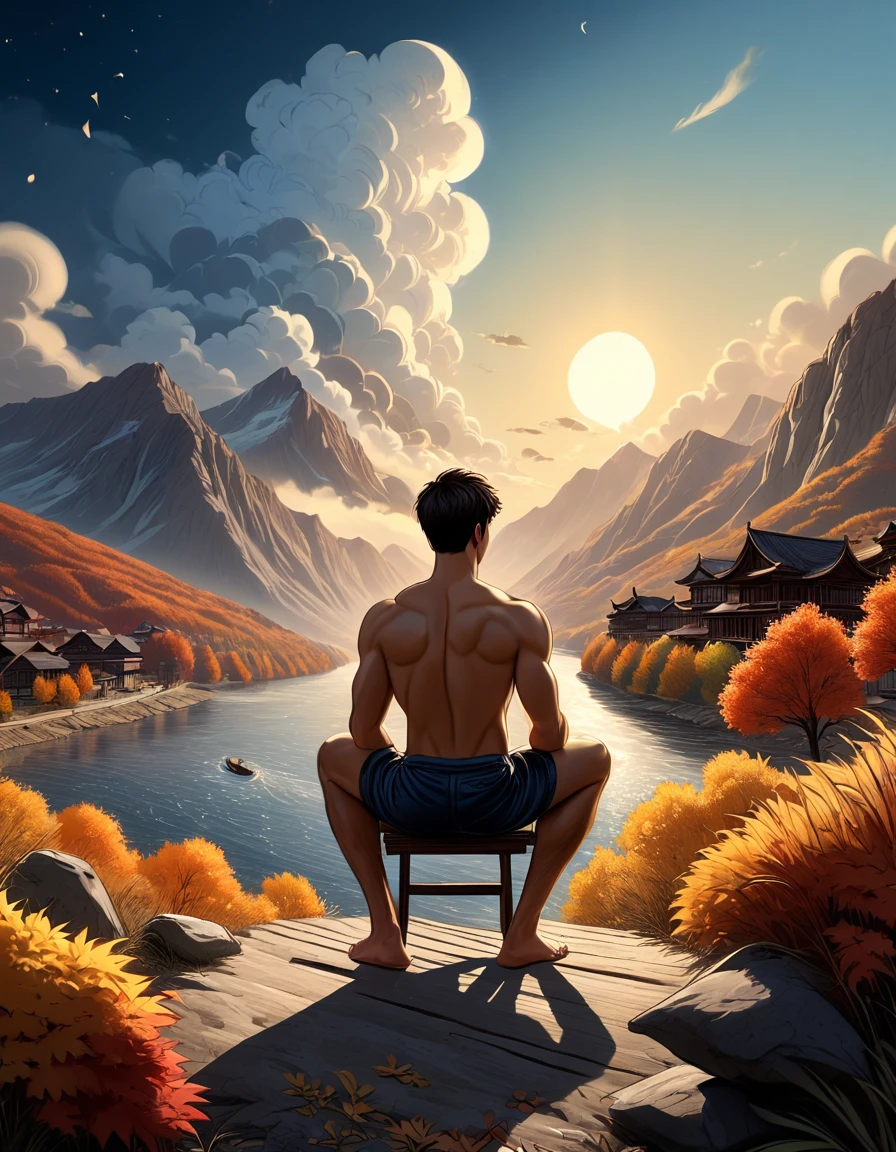 Another colorful autumn ...((full body)), photorealistic, hd, 8k resolution, fullbody, 16k resolution, hd, view from behind, ung man, slentder athletic toned body, cimanon skin, gorgeous, perfect anatomy, is sitting by the river watching the sun rice in the background, river, mountains, sun, clouds He is wearing flip flop sandals, dramatic, pacefull scene, centered, symmetry, painted, intricate, volumetric lighting, beautiful, rich deep colors masterpiece, sharp focus, ultra detailed, in the style of dan mumford and marc simonetti, astrophotography