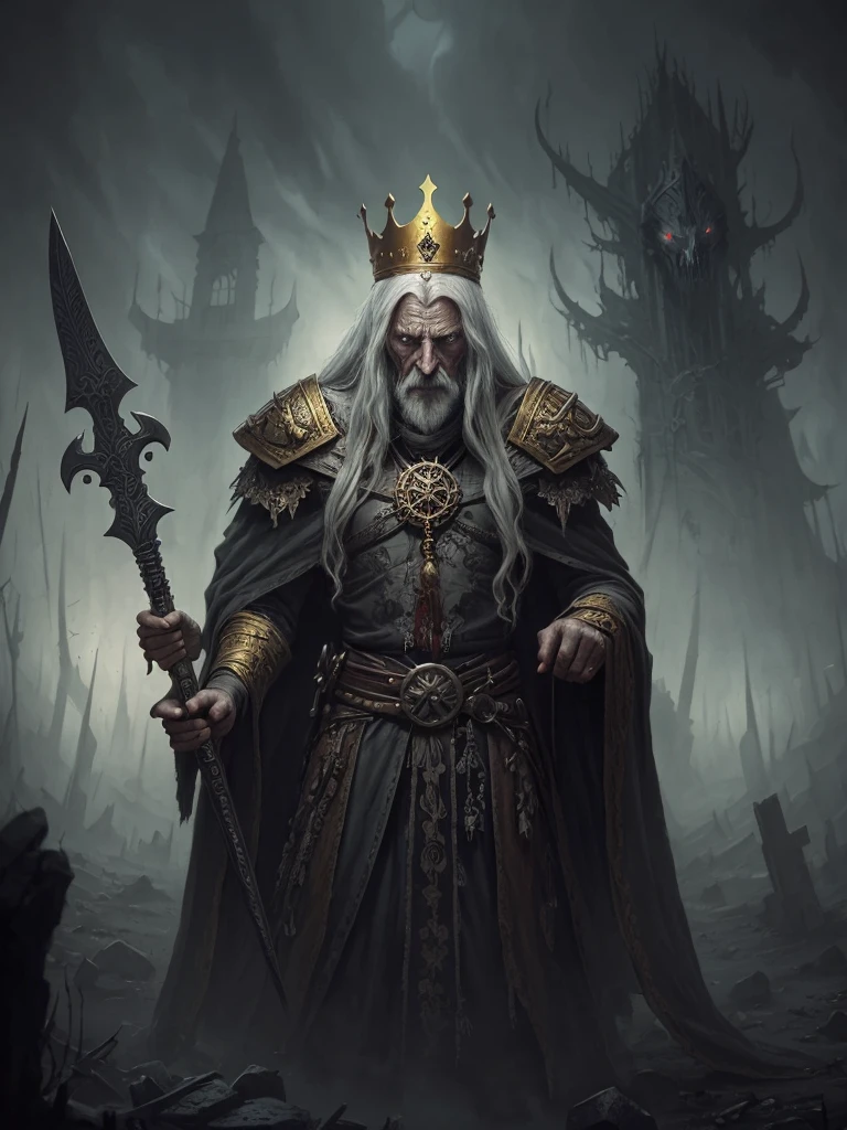 an evil old necromancer that looks like a dry corpse with a golden crown on his head, long gray hair and, he has fearful look, holds long sword, fantasy art, concept art, johan grenier, trending on artstation, national geographic photo, peter mohrbacher, astral, aurora, detailed, ominous, photorealistic, mark brooks, hyperrealistic, seb mckinnon, horror style, mythological