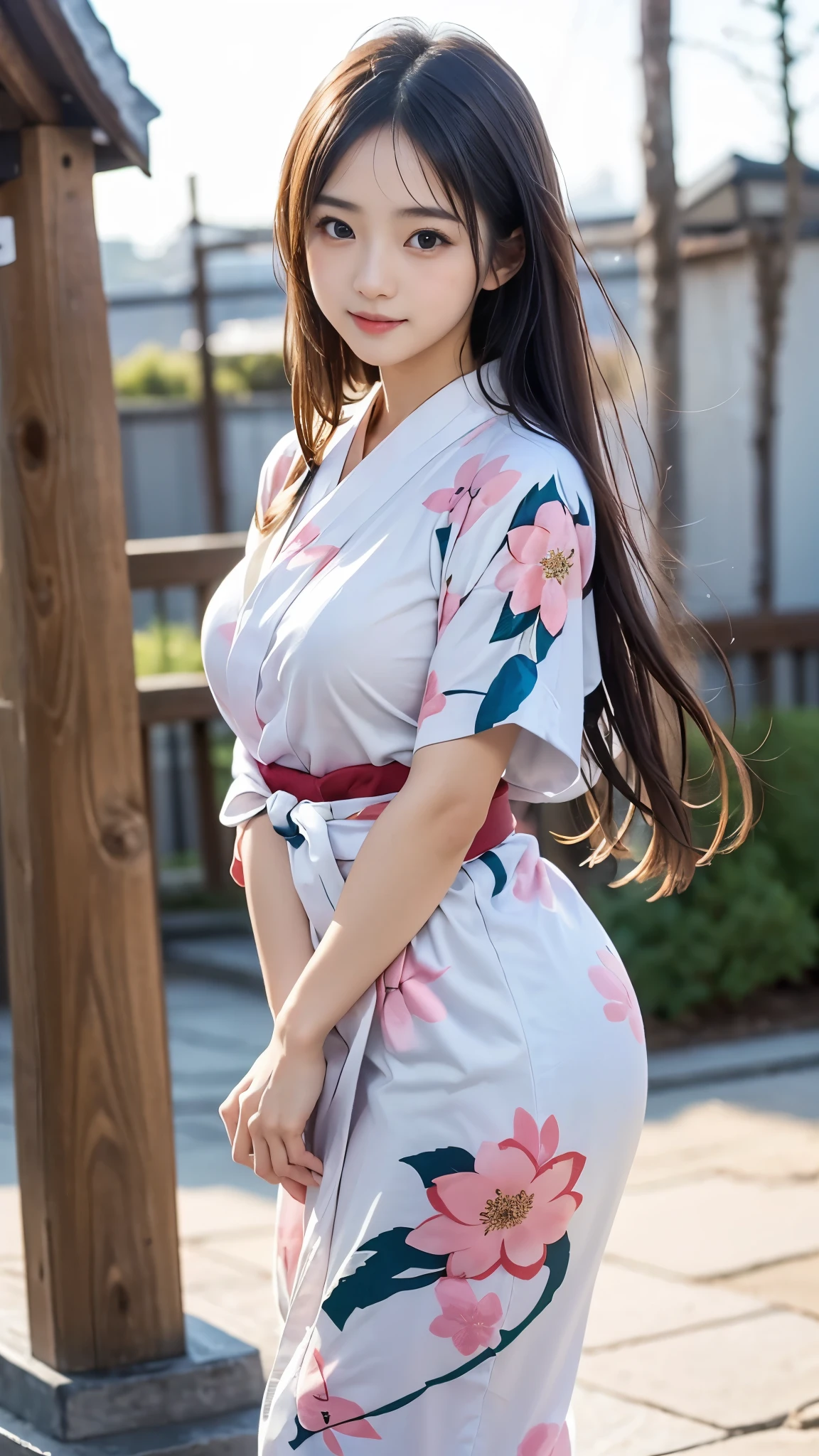 ((A beautiful Japanese girl is wearing a cute yukata:1.4)), (((A single photo:1.))), (8k, RAW Photos, Highest quality, masterpiece:1.2), Looking at the audience, Viewed from the front, Beautiful white skin, knees, Absurd face is small, Part your bangs down the middle, The forehead is visible, Glare, ((Cute and mischievous face:1.3)), Ultra-high resolution, ((Naked figure:1.3)), ((Slender body line)), (Outstanding proportions), high school girl, (Idolフェイス, Baby Face:1.65), Japanese women, Are standing, (Photorealistic:1.37), Photon Mapping, Realistic, Cute and small face, Brown eyes, prospect, Written boundary depth, Blurred Background, (I can see the bangs), Silky smooth hair, (Firm stomach:1.3), (Beautiful and slim thighs:1.4), Small beautiful butt:1.2, (Curved waist), thigh, Nogizaka idol, Idol, (Detailed hands:1.4, Accurate hands:1.4, Beautiful little hands of a girl:1.3), (Firm and beautiful breasts:1.3), Super quality, Low people, (Clear white skin, Skin with visible pores:1.2), (Focus on the face), Check and correct the garment construction, (Perfect Anatomy:1.4), (Detailed eyes and face:1.3, Professional photography techniques), (Detailed arms and legs:1.4), (Gaze at the viewer, blush:1.3)