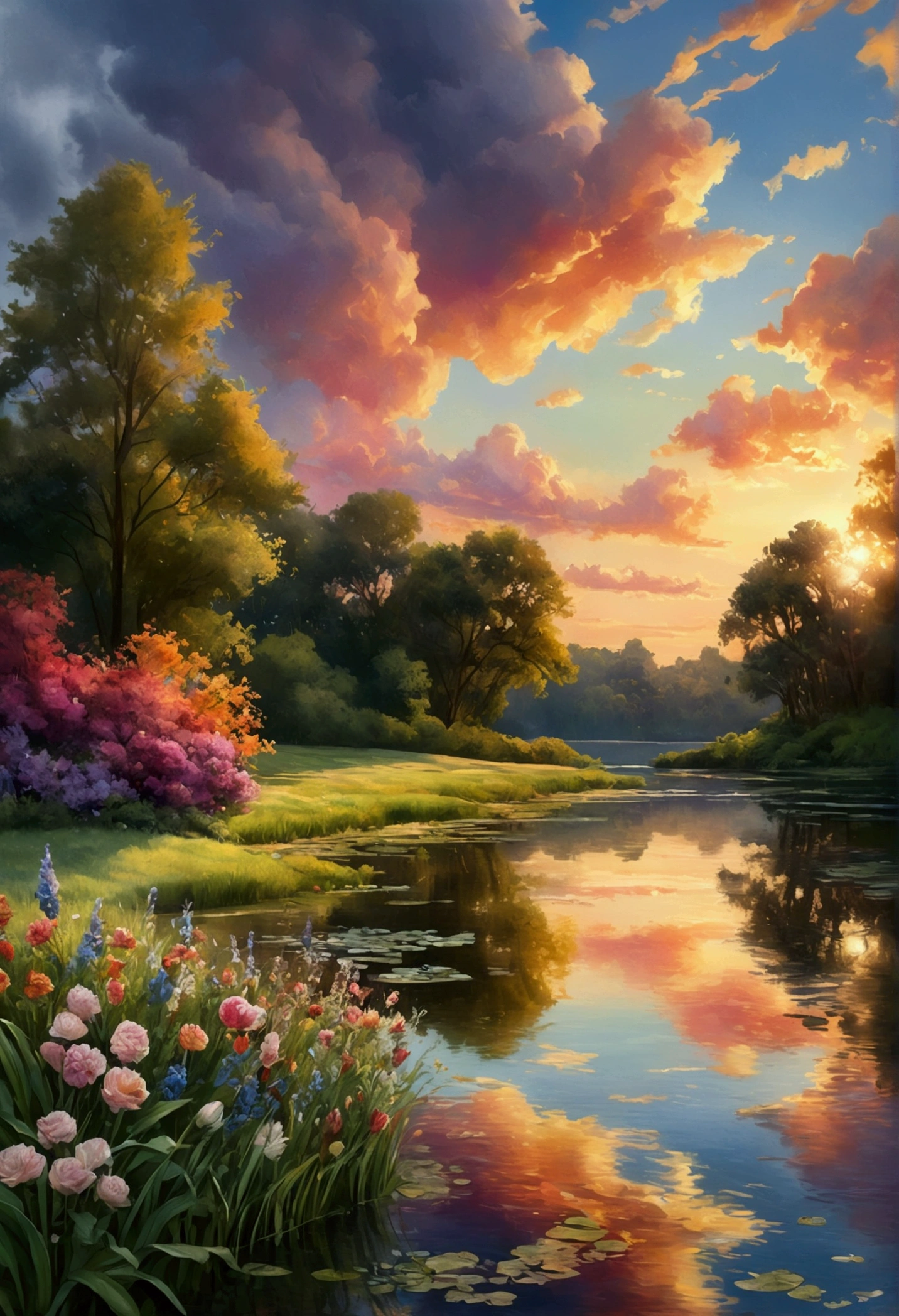 a beautiful, detailed watercolor painting of a floral landscape against a celestial sky, cinematic lighting, vibrant colors, impressionistic brushstrokes, ethereal atmosphere, dramatic clouds, glowing sunset, lush greenery, colorful flowers, serene lake, reflection, idyllic scenery, picturesque, dreamlike, (best quality,4k,8k,highres,masterpiece:1.2),ultra-detailed,(realistic,photorealistic,photo-realistic:1.37),trending on artstation