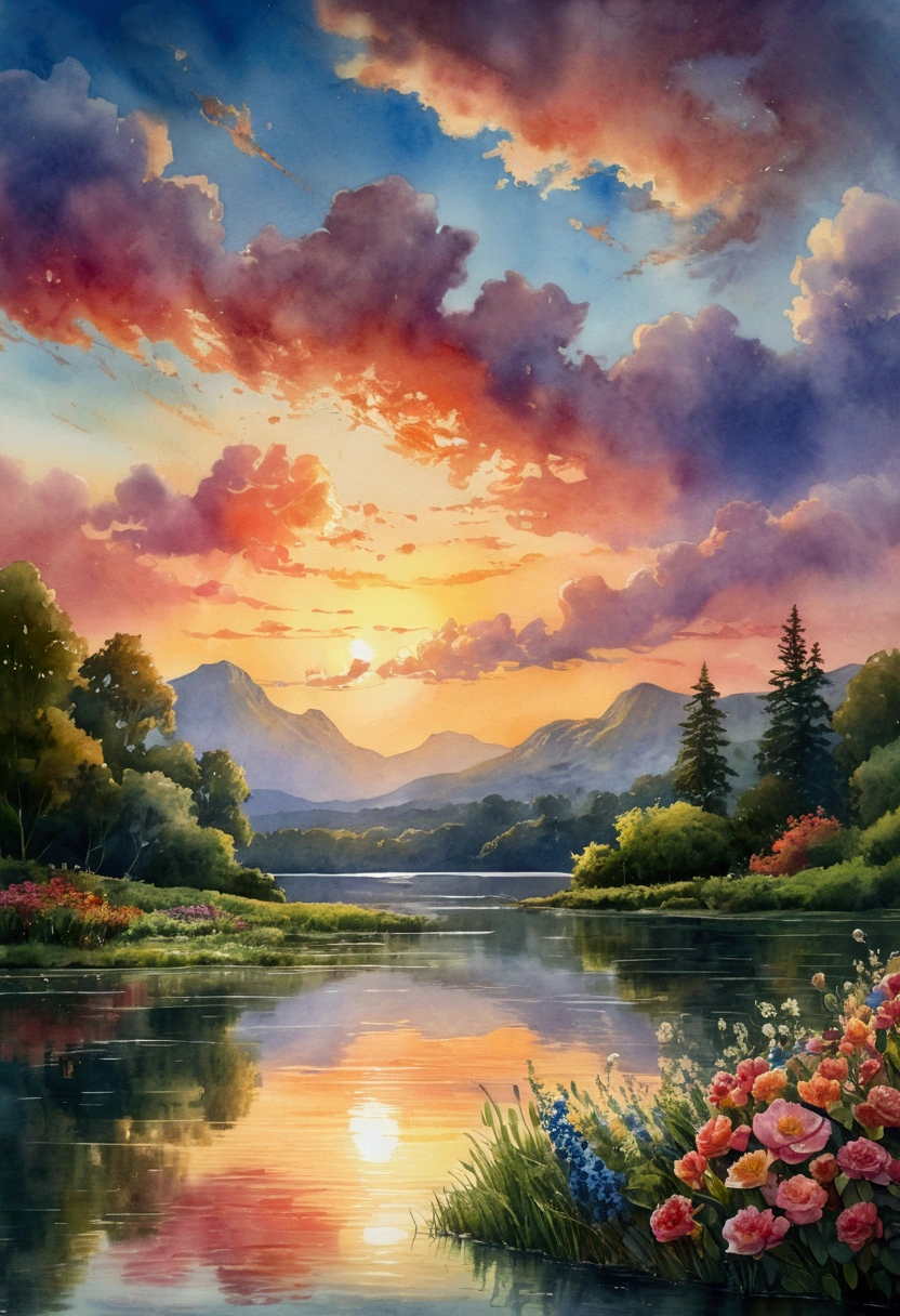 a beautiful, detailed watercolor painting of a floral landscape against a celestial sky, cinematic lighting, vibrant colors, impressionistic brushstrokes, ethereal atmosphere, dramatic clouds, glowing sunset, lush greenery, colorful flowers, serene lake, reflection, idyllic scenery, picturesque, dreamlike, (best quality,4k,8k,highres,masterpiece:1.2),ultra-detailed,(realistic,photorealistic,photo-realistic:1.37),trending on artstation