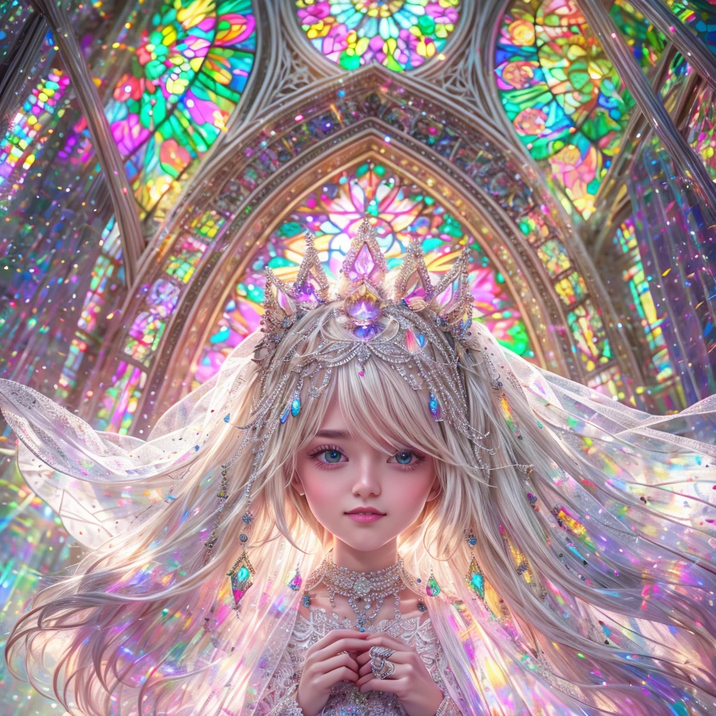 (Cathedral from below:1.28) (BokeH ZoomLayer) ((TopQuality 8K masterpiece of (Professional photo:1.37))), (((Clarisse de Cagliostro))) (Detailed White WeddingDresses), Chain, (CloseUp of (Extremely detailed (KAWAII face))) {((VeiledFace))|BlondeHair|(Elaborate BuleEyes)with(SparklingHighlights:1.28)}, The background is distant (((Elaborate stained glass))) Rainbow Glass, {(MysticSight)|EnchantingAtmosphere|Haze|(GodRays)|TyndallEffect}, Radiant PearlSkin with Transparency, (Exposed:0.64), BluB