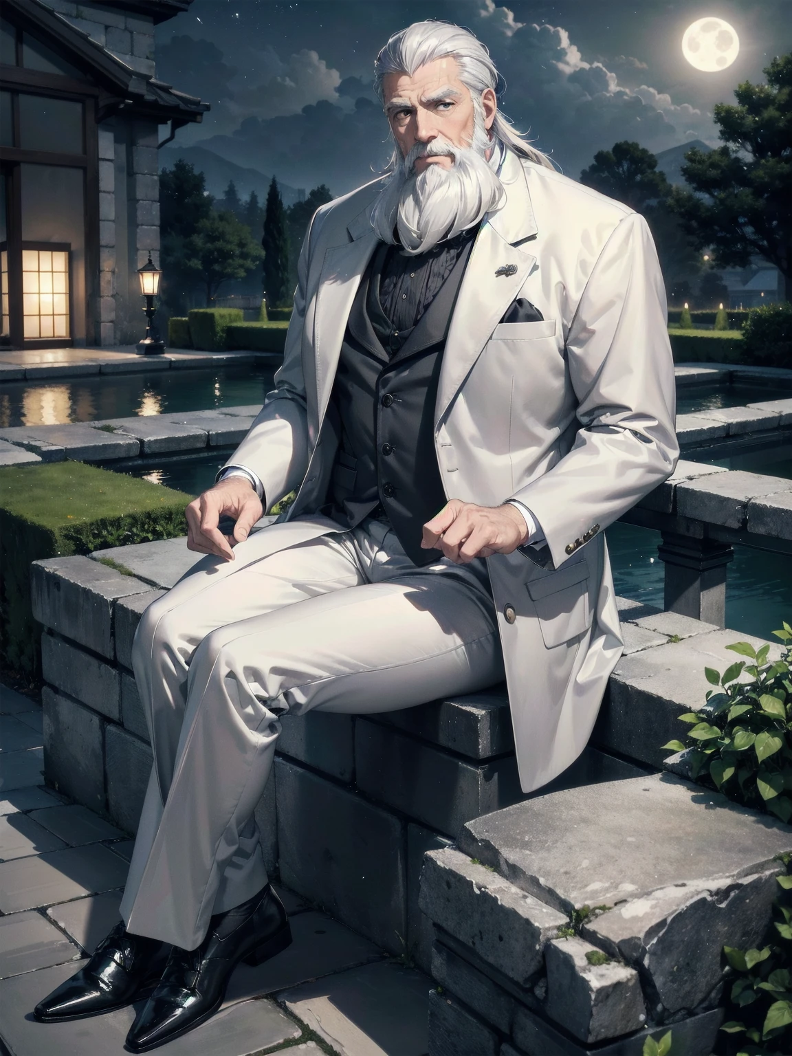 masterpiece, Superior image quality, High resolution, 4k image, An older adult man, tall, delgado, white gray hair, white gray beard, wearing an elegant gray suit, sitting on a stone bench, garden background, at night, Moonlight