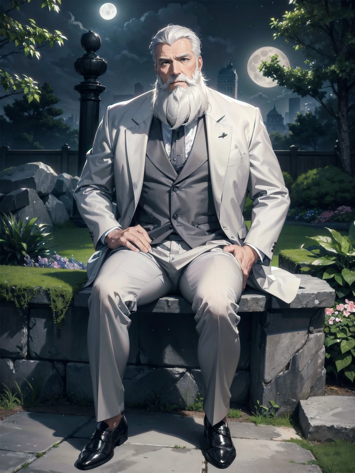 masterpiece, Superior image quality, High resolution, 4k image, An older adult man, tall, delgado, white gray hair, white gray beard, wearing an elegant gray suit, sitting on a stone bench, garden background, at night, Moonlight