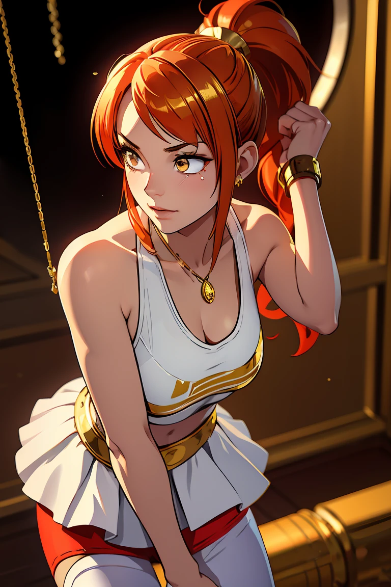 Gold eyes, Masterpiece, Best Quality, 8K, Photographic Reality, Realistic, Octane Rendering, (Red Hair in Ponytail), (white skirt), (silver teardrop pendant), (Gold Eyes), (Fit, Athletic, slim)(Small Breasts), long hair
