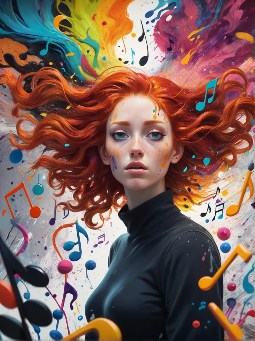 redhead music notes. listening to music,earbuds,black musical notes,sons,ripples,abstract Surrealism,[paint splash:0.4],explosion of colors,hair fading into background colors,nice hyperrealism,appealing,animated cartoon,a detailed matte painting by Nathan Coley,[:anime line art:0.2],Sound themed,epic art,hudson river school,Surrealism,(Outstanding, better aesthetics, nya, nyaest, best qualityer, work of art:1.2),, glow effects, GOD, Hand drawn, render, 8k, octane rendering, 4d cinema, Blender, tenebrosa, atmospheric 4K ultra detailed, cinematic, sharp focus, big depth of field, work of art, colors, 3d octane rendering, 4K, conceptual artwork, trends on ArtStation, hyper realist, Vivid colors, extremely detailed CG unity 8k wallpaper, trends at CGSociety, intrikate, high détail, Dramatic
