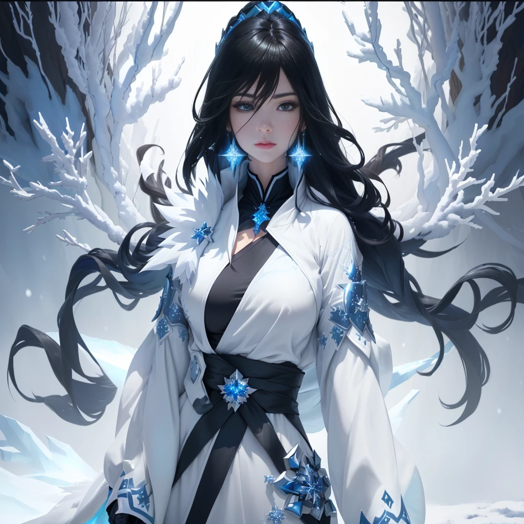 Create a character named Fubuki for an RPG. She is a beautiful and powerful ice sorceress with a tight, athletic body. Fubuki has long, flowing black hair and dark brown eyes that have an intense, captivating gaze. She wears a sleek, white jacket adorned with silver accents over an elegant, ice-blue dress that flows like frost. Her outfit includes a white sports watch and white pants, combining style with practicality. Fubuki's skin is pale, almost translucent, with a faint glow that hints at her magical nature. She has intricate, icy patterns resembling snowflakes and frost as tattoos on her arms and neck. She carries a staff made of enchanted ice, with a glowing blue crystal at its top. Around her, a gentle aura of snowflakes and frost swirls, emphasizing her control over ice and snow. The background shows a wintry landscape with snow-covered trees and a frozen lake, adding to the mystical atmosphere, with snow falling and ice flakes in the air.,Beautiful Assassin, a women of, sword